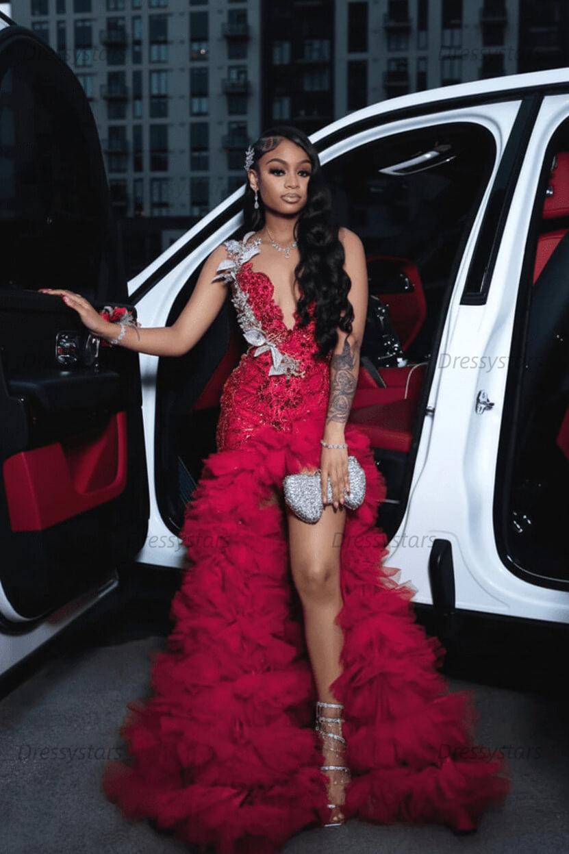 Red Tulle Sequined Prom Dress Ruffled V Neck Formal Evening Gown with 3D Flowers