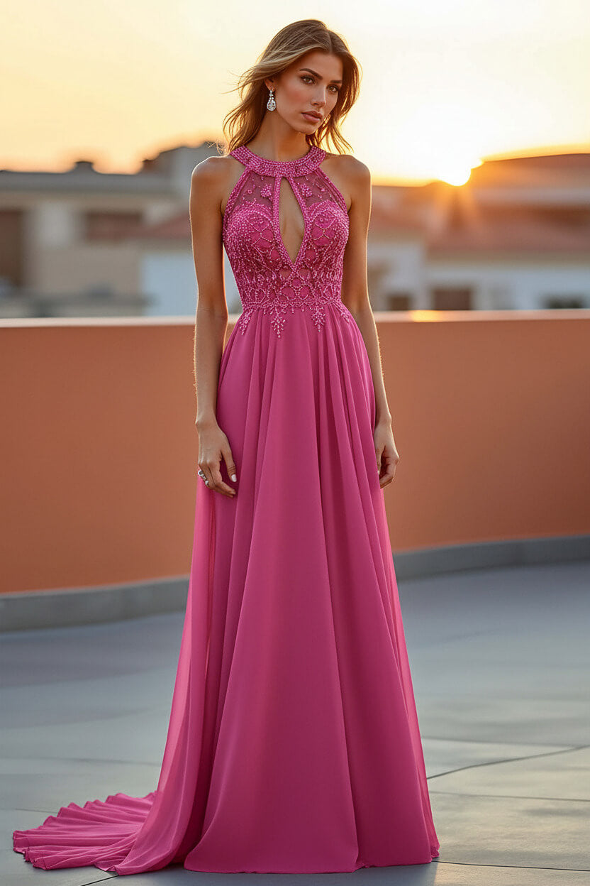 Dressystars Beaded Navy Wedding Guest Dress Halter Long Formal Dress With Embroideries