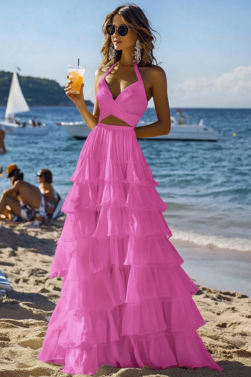 Dressystars Halter Tiered White 2 Piece Ruffled Formal Dress