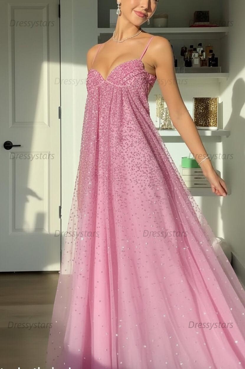 Dressystars Bling A Line Spaghetti Straps Grey Blue Long Party Dress With Beading Formal Evening Gown