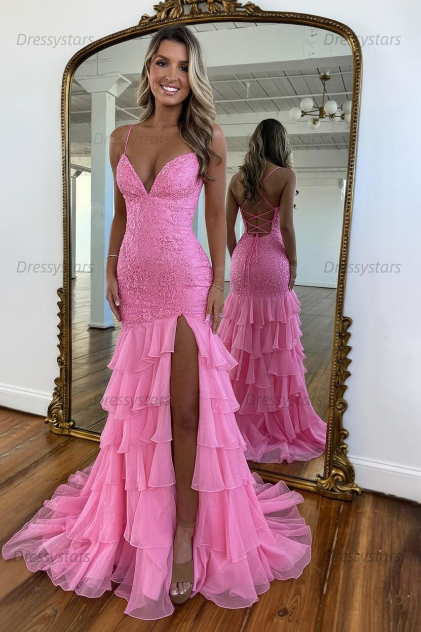 Dressystars Yellow Mermaid Spaghetti Straps Lace Up Long Prom Dress With Ruffle Skirt Formal Evening Gown