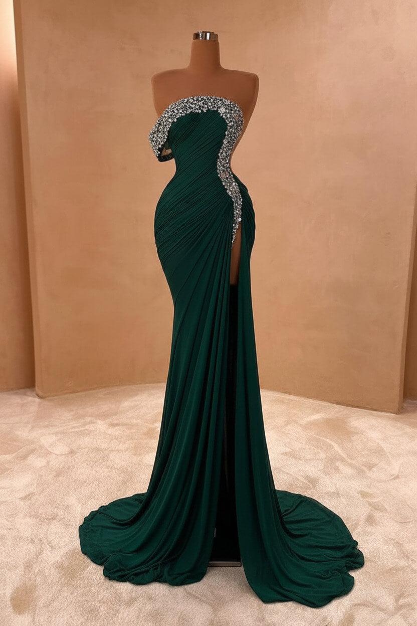 Blue Mermaid Prom Dress Cap Sleeve One Shoulder Formal Dress With Beadings and Rhinestones