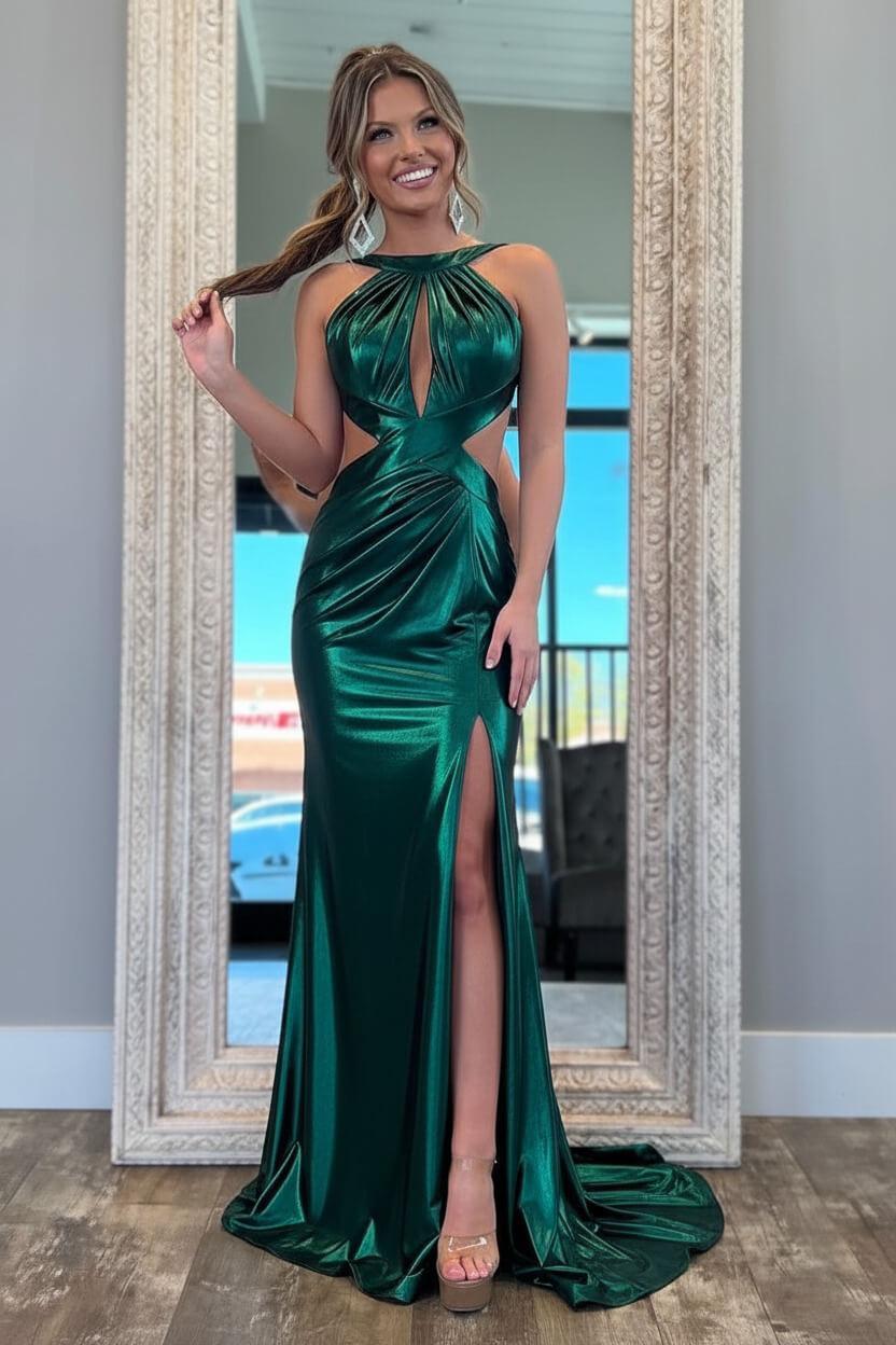 Fuchsia Metallic Mermaid Prom Dress With Slit And Open Back Formal Evening Gown
