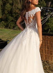 Illusion Neck A Line Sleeveless Sweep Train Tulle Wedding Dress With Lace