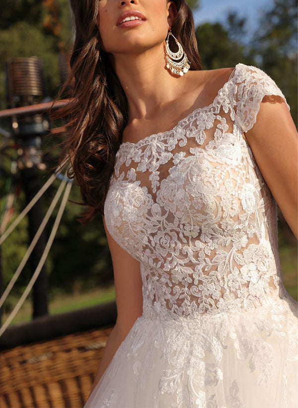 Illusion Neck A Line Sleeveless Sweep Train Tulle Wedding Dress With Lace