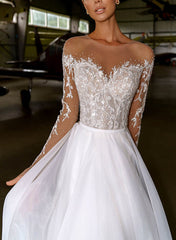 Illusion Neck A Line Wedding Dress With Beading Appliques Lace and Sweep Train