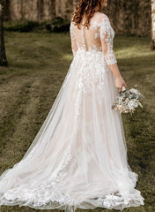 Illusion Neck A Line Wedding Dress with 3/4 Sleeves and Court Train in Lace/Tulle
