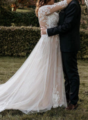 Illusion Neck A Line Wedding Dress with 3/4 Sleeves and Court Train in Lace/Tulle