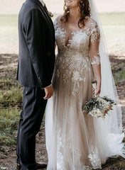 Illusion Neck A Line Wedding Dress with 3/4 Sleeves and Court Train in Lace/Tulle