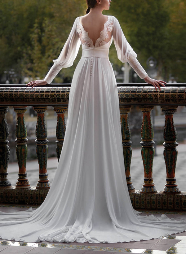Illusion Neck A Line Wedding Dress with Long Sleeves and Split Front