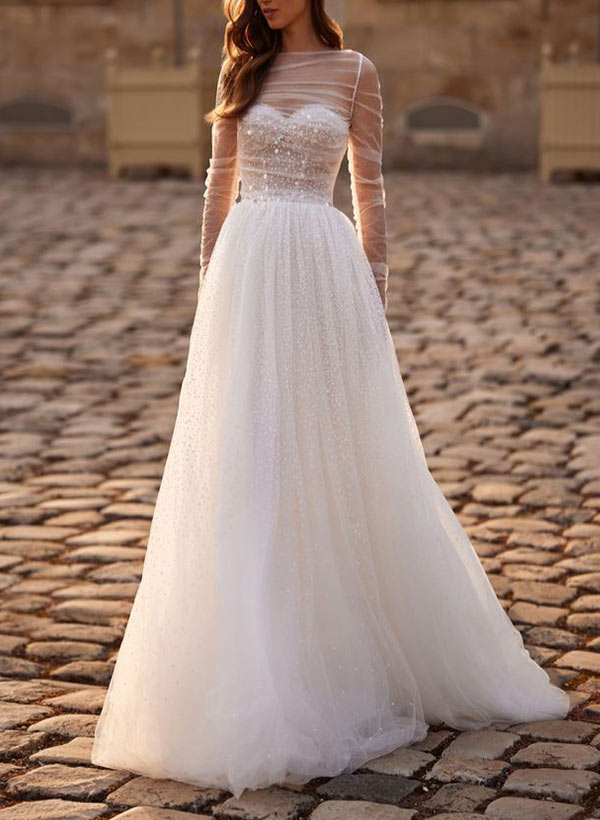 Illusion Neck A Line Wedding Dress with Long Sleeves and Sweep Train in Tulle/Sequined