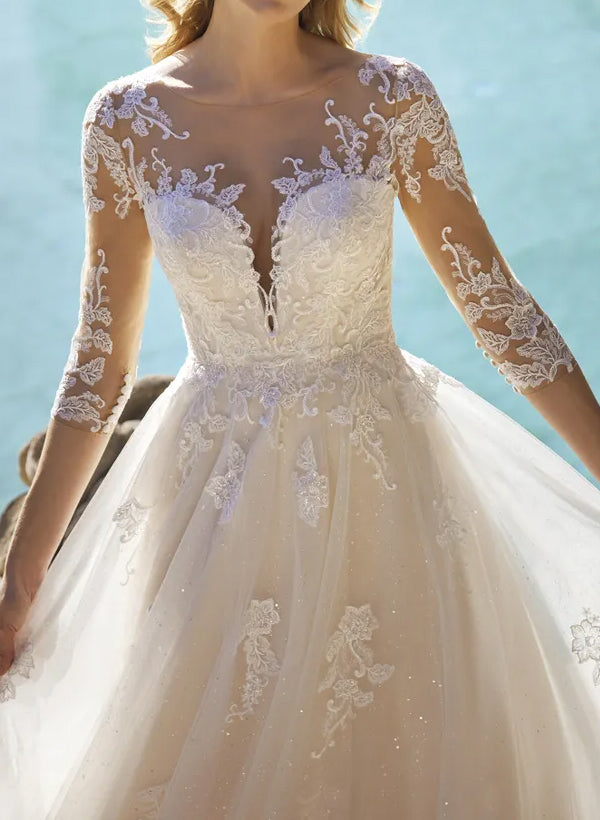 Illusion Neck A Line Wedding Dress with Sequins Lace/Tulle and 3/4 Sleeves