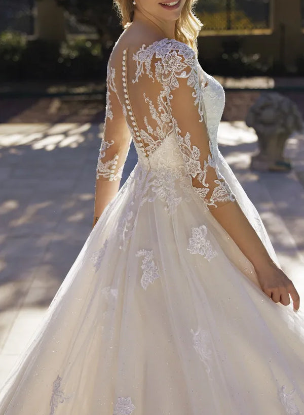 Illusion Neck A Line Wedding Dress with Sequins Lace/Tulle and 3/4 Sleeves