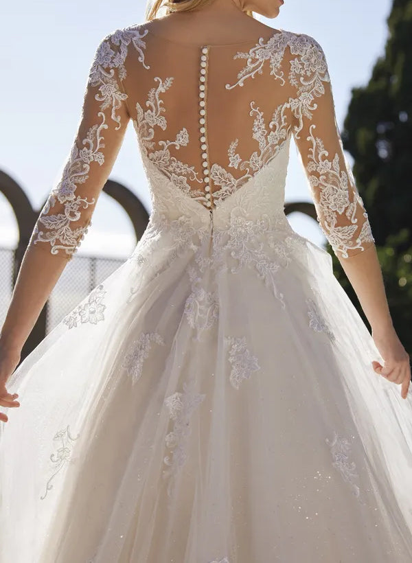 Illusion Neck A Line Wedding Dress with Sequins Lace/Tulle and 3/4 Sleeves
