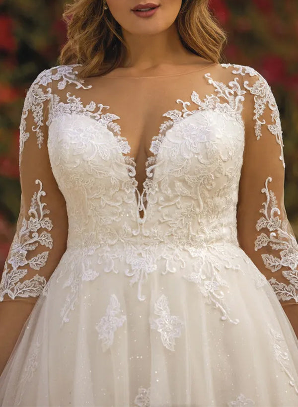 Illusion Neck A Line Wedding Dress with Sequins Lace/Tulle and 3/4 Sleeves