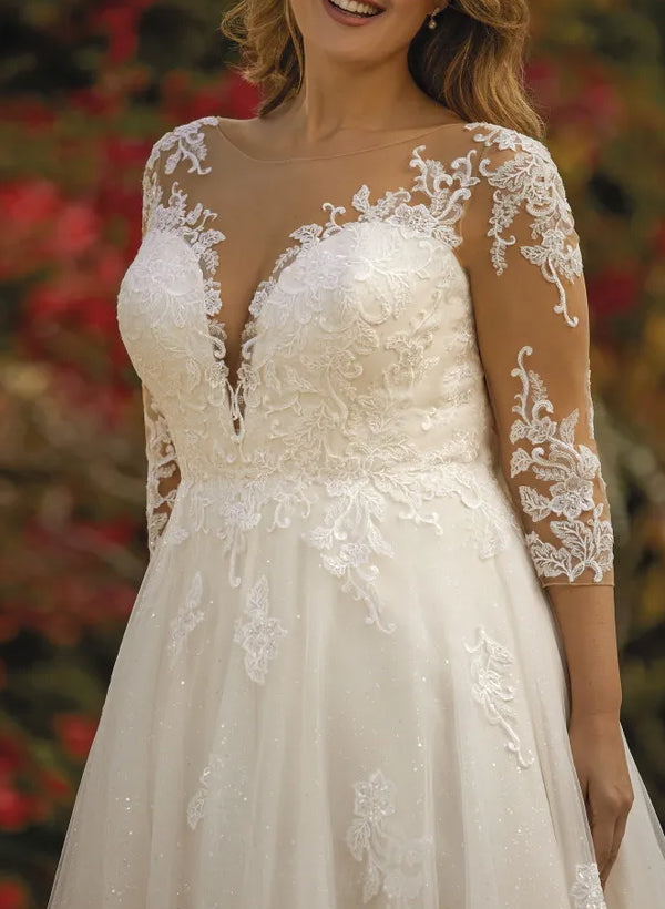 Illusion Neck A Line Wedding Dress with Sequins Lace/Tulle and 3/4 Sleeves