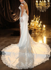 Illusion Neck Lace/Silk Like Satin Wedding Dress With High Split