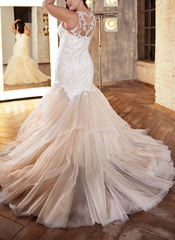 Illusion Neck Lace/Tulle Wedding Dress Trumpet/Mermaid