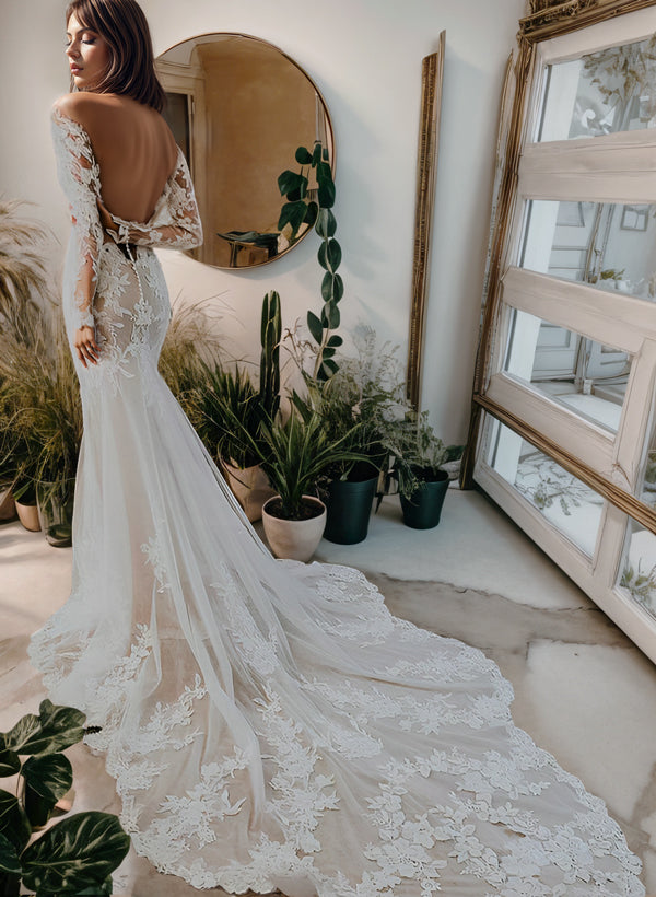 Illusion Neck Long Sleeves Lace Chapel Train Wedding Dress With Appliques Lace