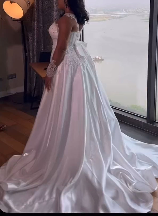 Illusion Neck Long Sleeves Lace/Satin Sheath/Column Wedding Dress