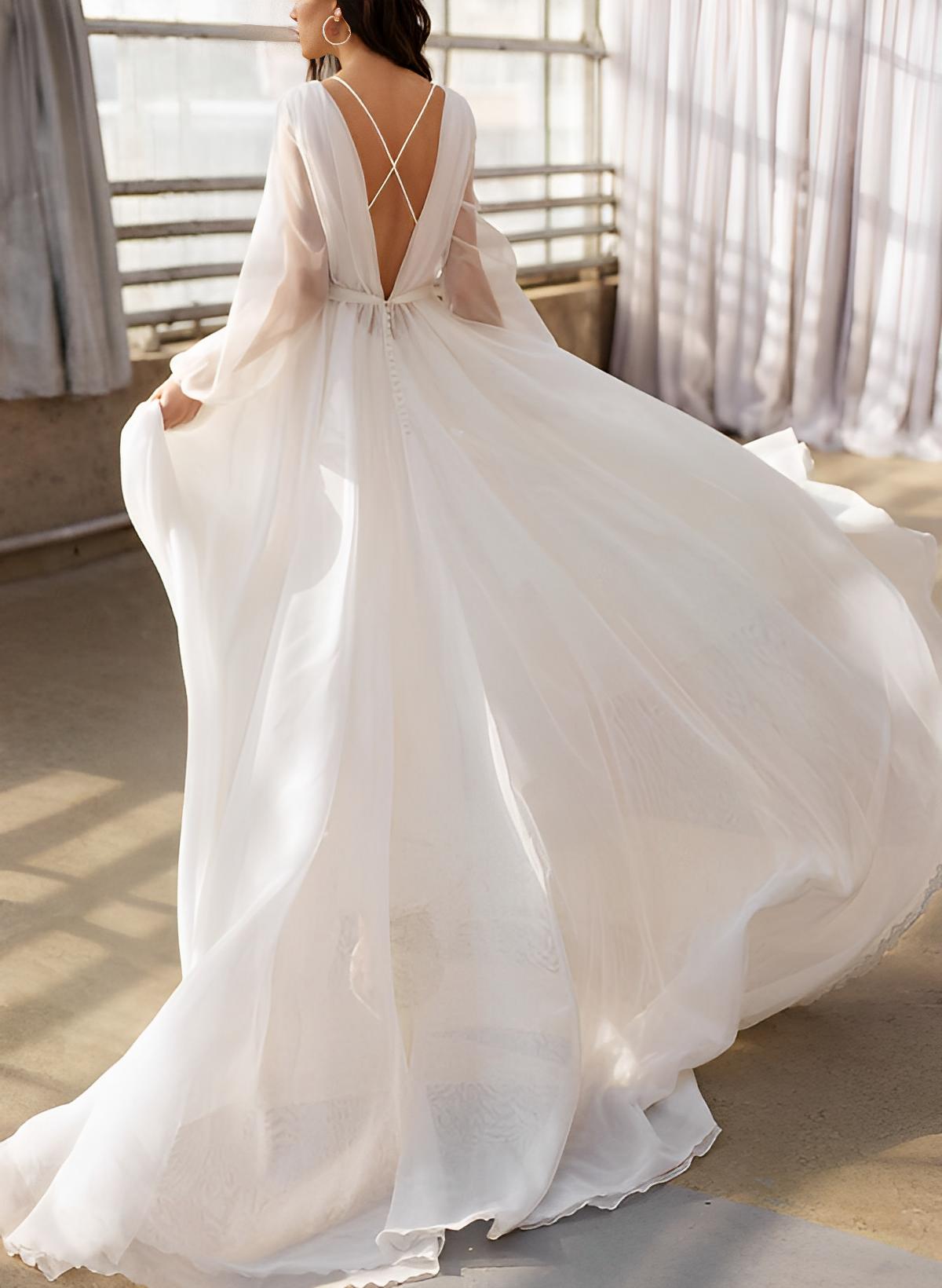 Illusion Neck Long Sleeves Sweep Train Chiffon Wedding Dress