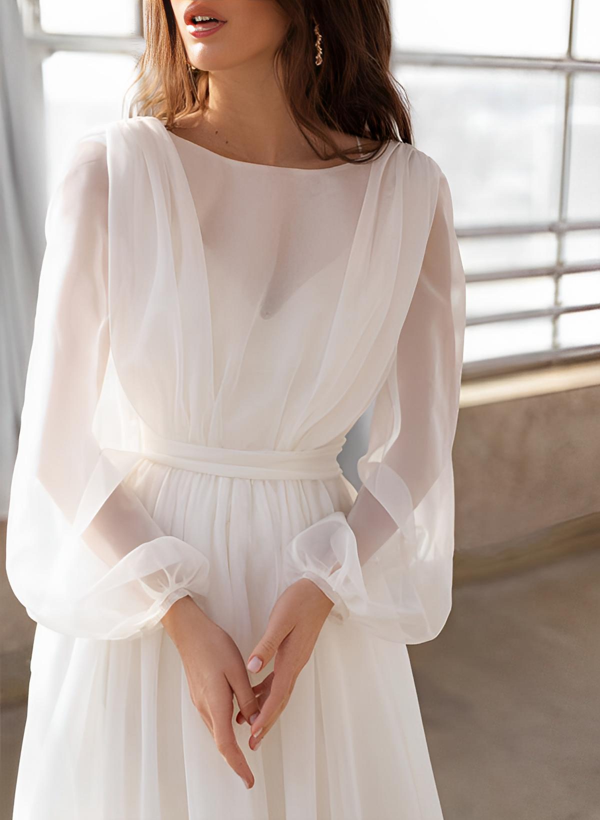 Illusion Neck Long Sleeves Sweep Train Chiffon Wedding Dress
