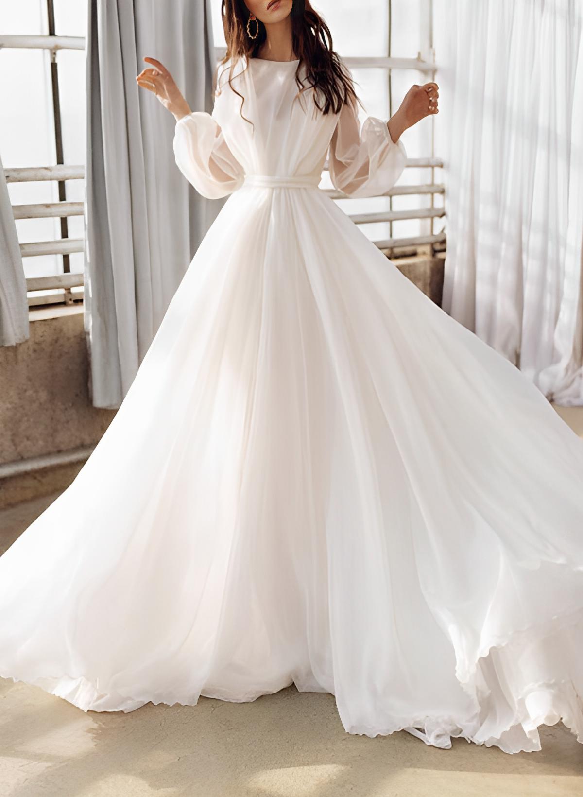 Illusion Neck Long Sleeves Sweep Train Chiffon Wedding Dress