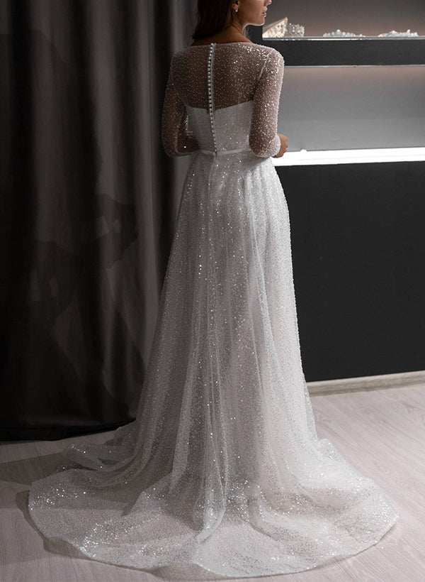 Illusion Neck Long Sleeves Sweep Train Sequined Wedding Dress
