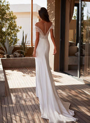 Illusion Neck Short Sleeves Sweep Train Elastic Satin Wedding Dress With Beading