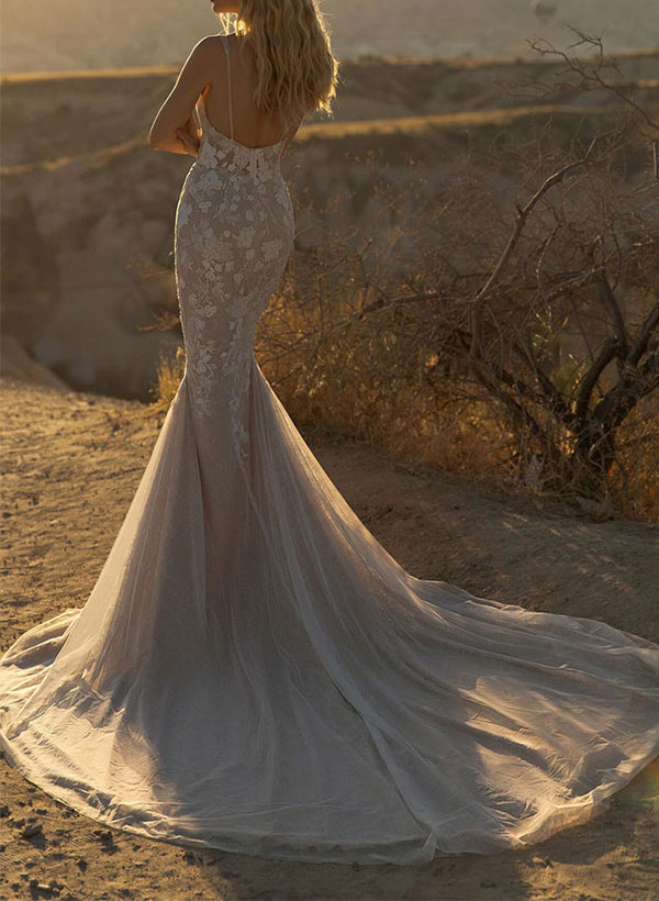 Illusion Neck Tulle Wedding Dress With Appliques Lace