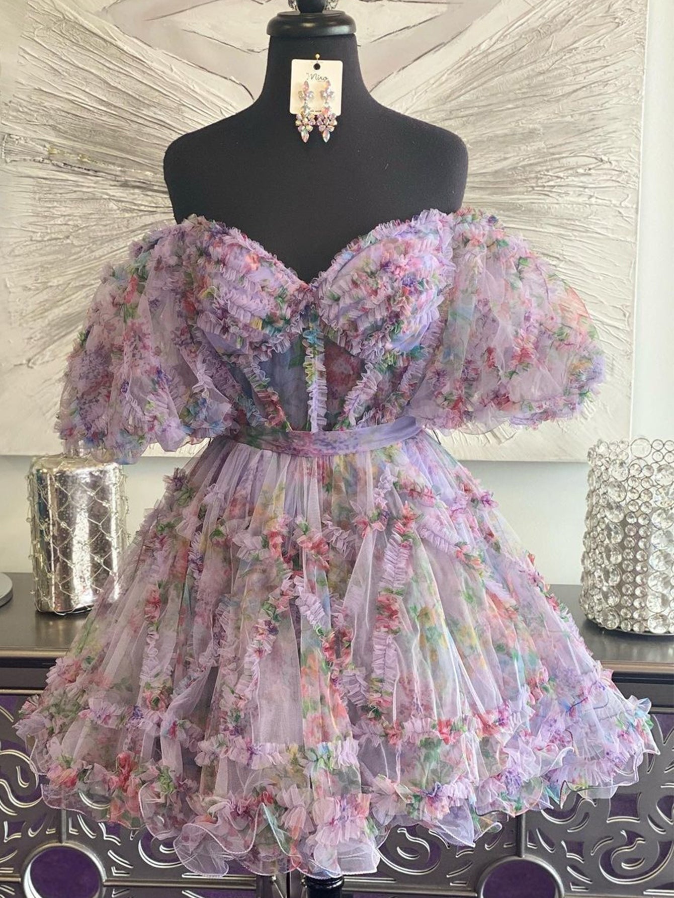 Ivana Homecoming Dress Pretty A Line Off the Shoulder Floral Printed Short Party Cocktail Dress