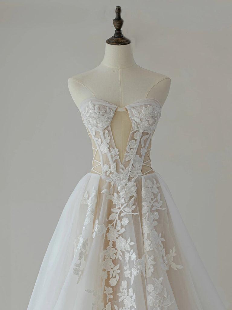 Ivory A Line Lace Tulle Long Formal Dress Evening Dress