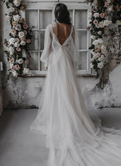 Ivory A Line Tulle Beach Wedding Dress Long Sleeves Bridal Dress