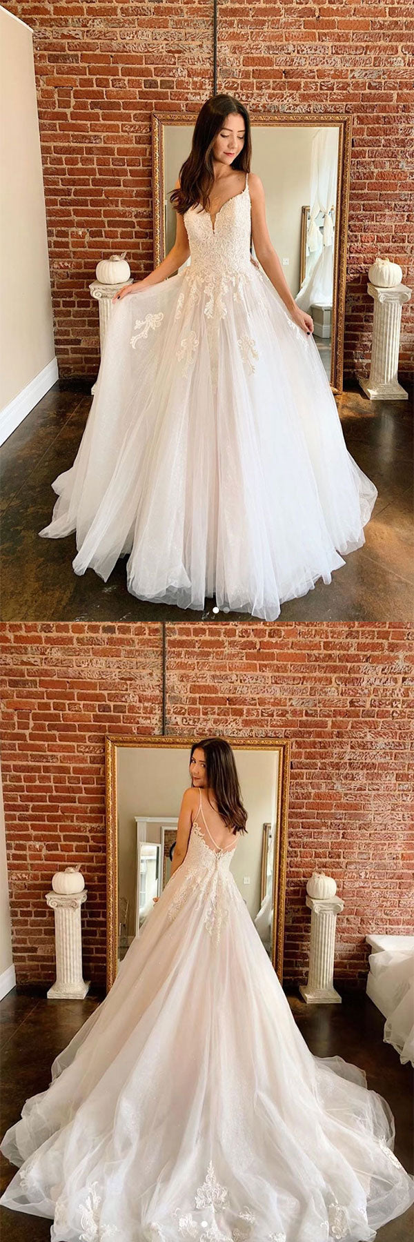 Ivory A Line Tulle Lace Long Bridal Dress