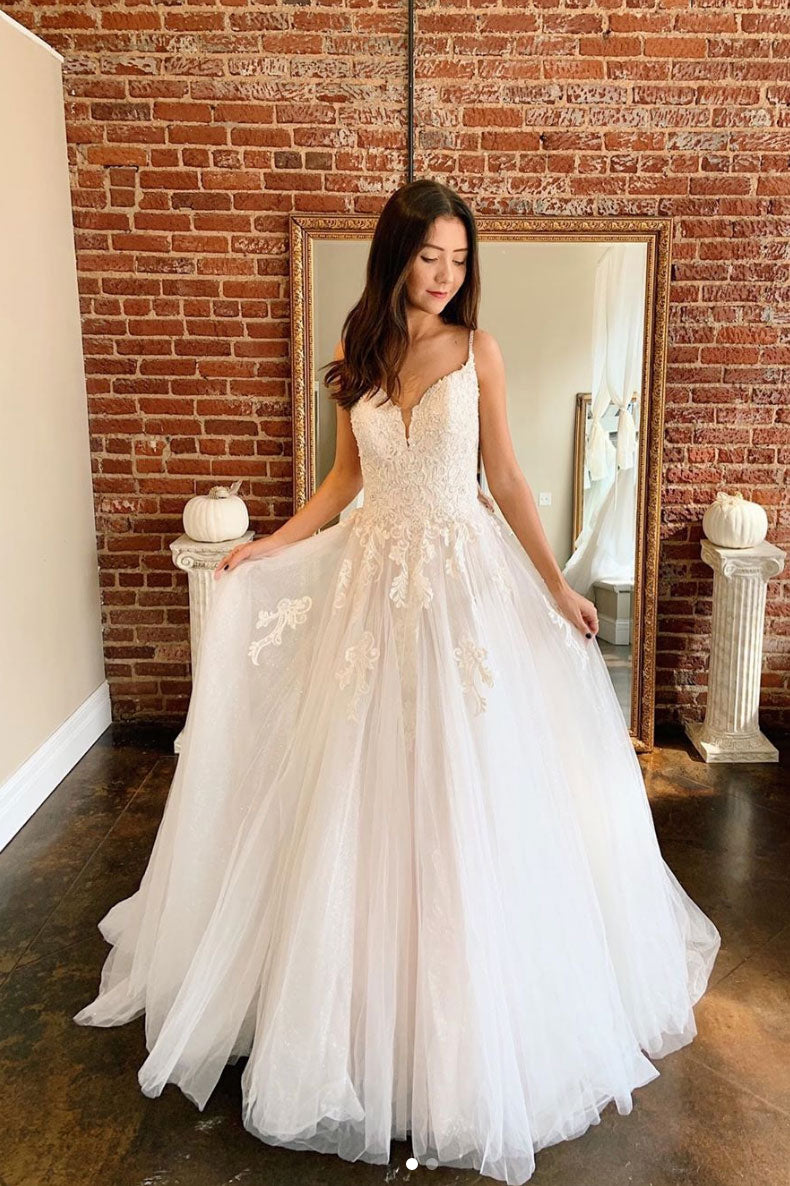 Ivory A Line Tulle Lace Long Bridal Dress