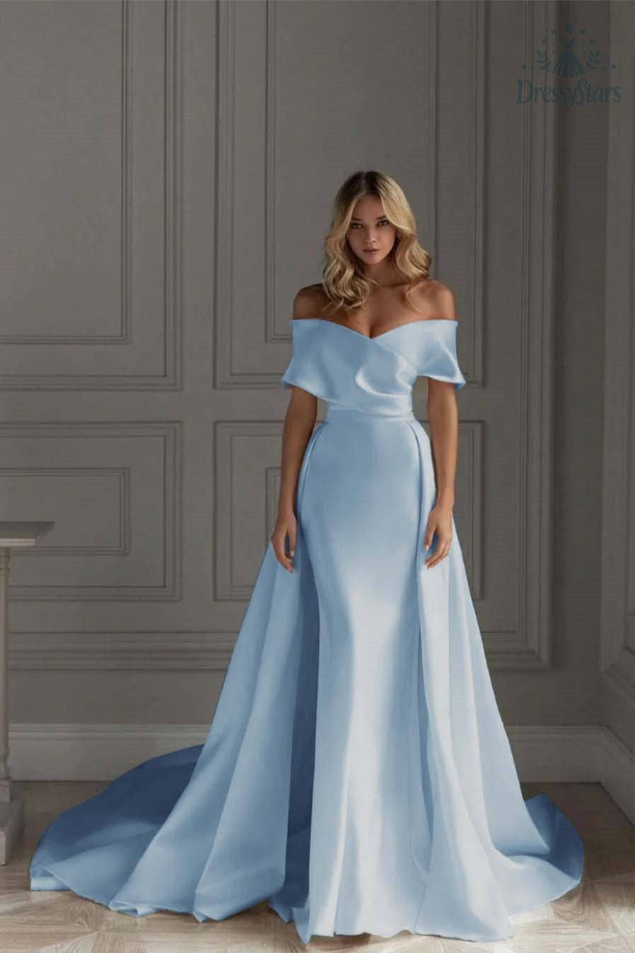 Ivory A Line Wedding Dress Off the Shoulder Bridal Dress with Panel Train