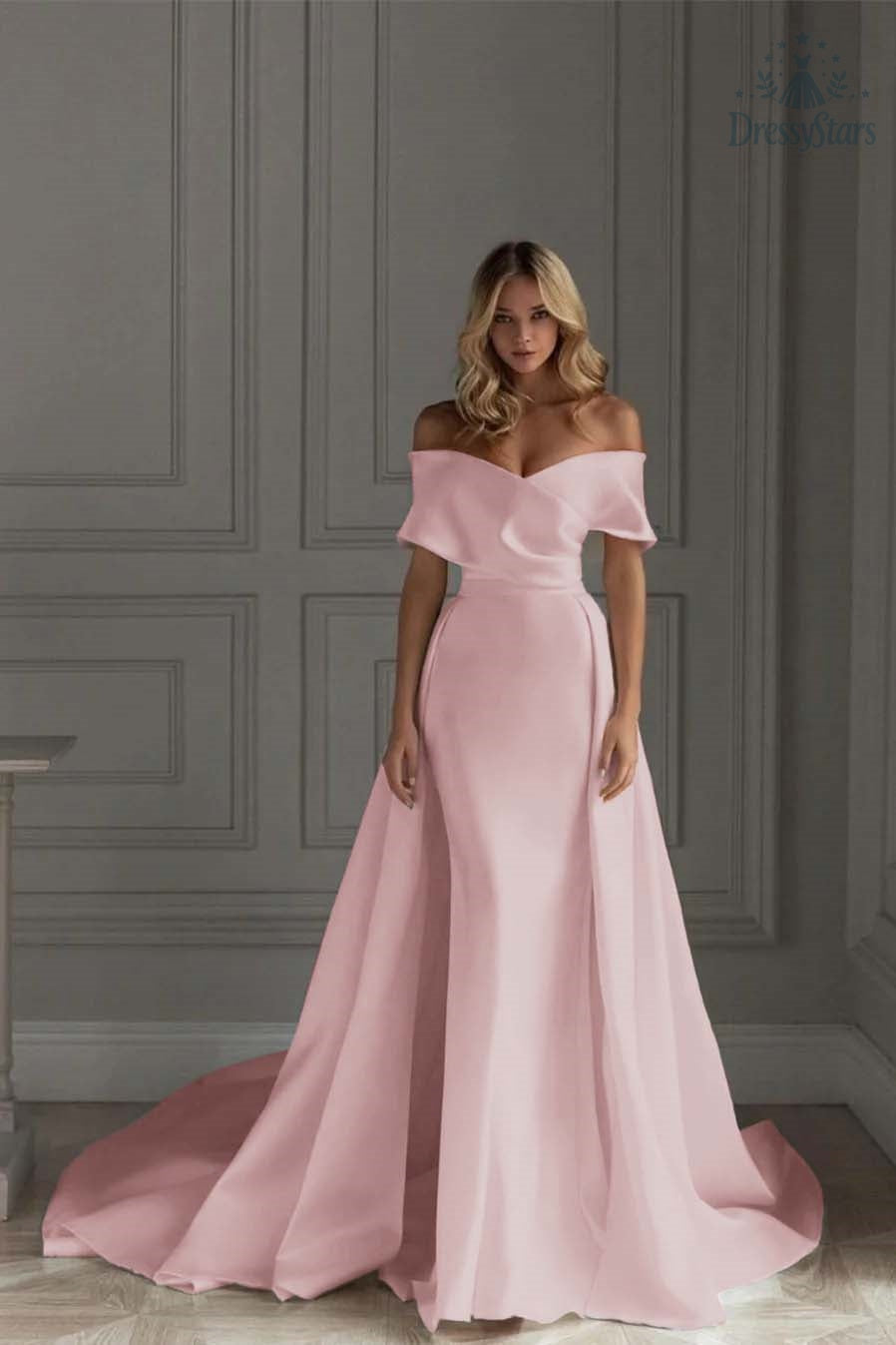 Ivory A Line Wedding Dress Off the Shoulder Bridal Dress with Panel Train