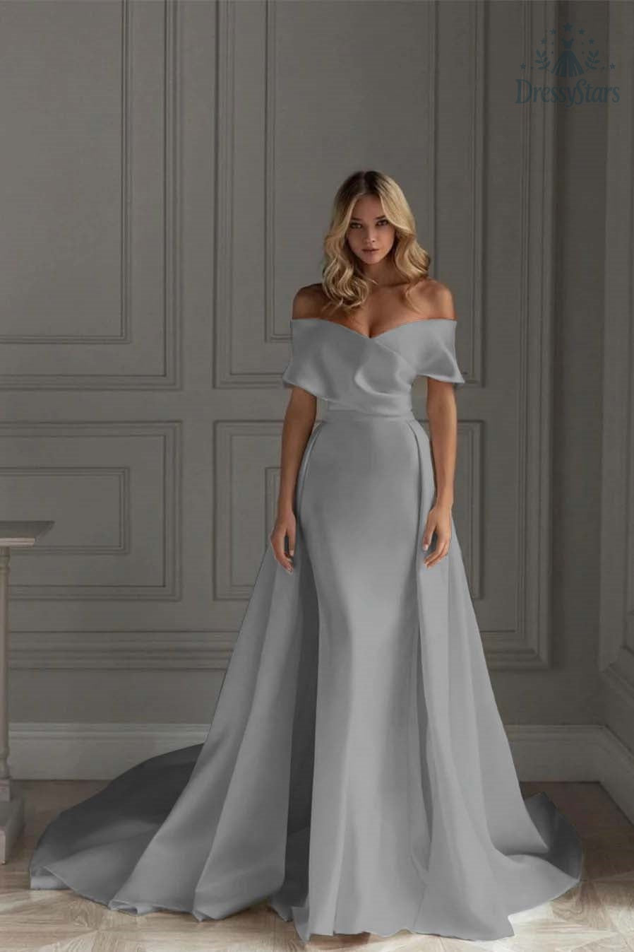 Ivory A Line Wedding Dress Off the Shoulder Bridal Dress with Panel Train