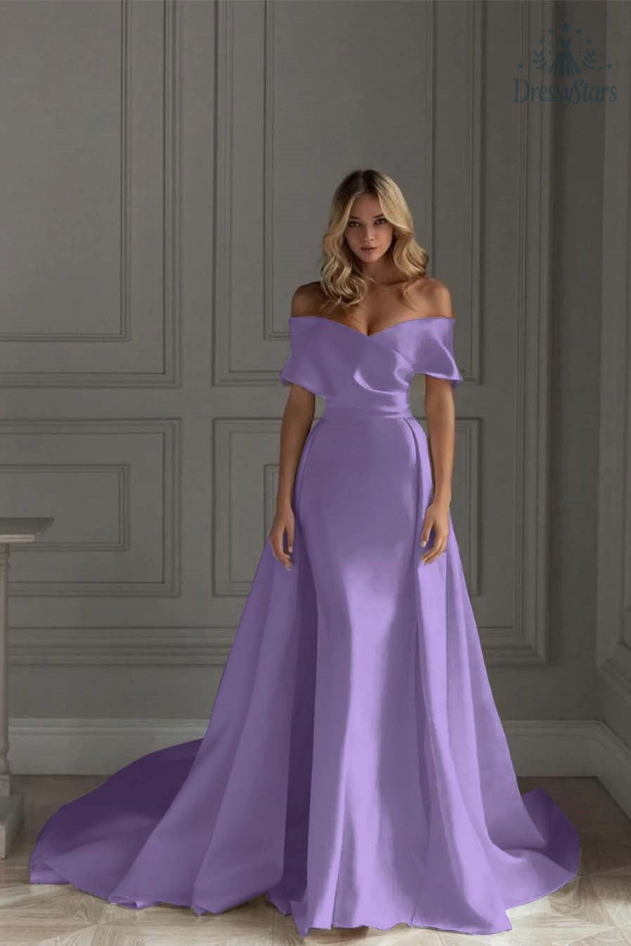 Ivory A Line Wedding Dress Off the Shoulder Bridal Dress with Panel Train