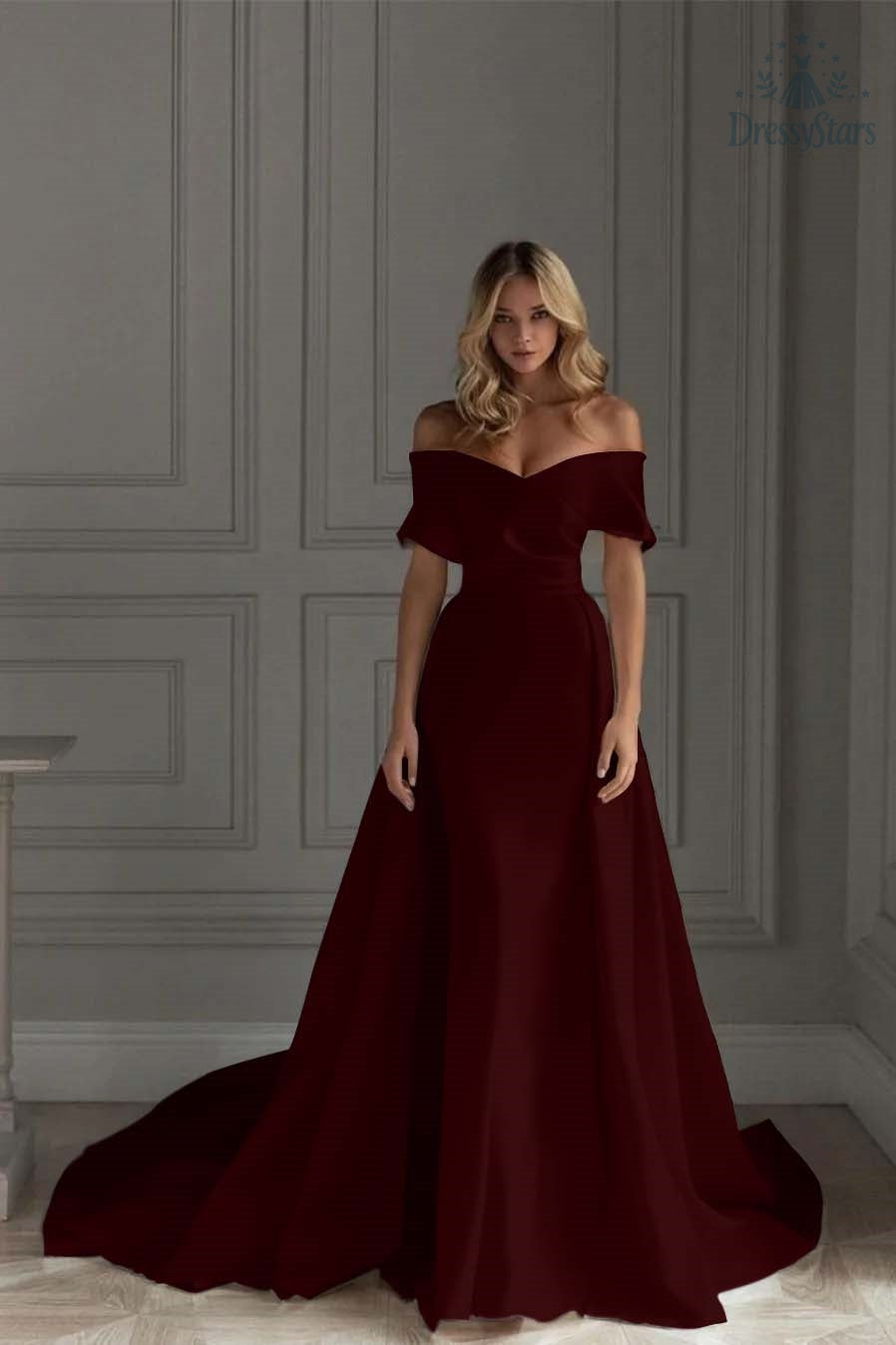 Ivory A Line Wedding Dress Off the Shoulder Bridal Dress with Panel Train