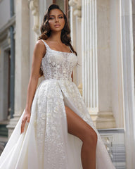 Ivory A Line Wedding Dress Scoop Neck Corset Tulle Bridal Gown with Slit