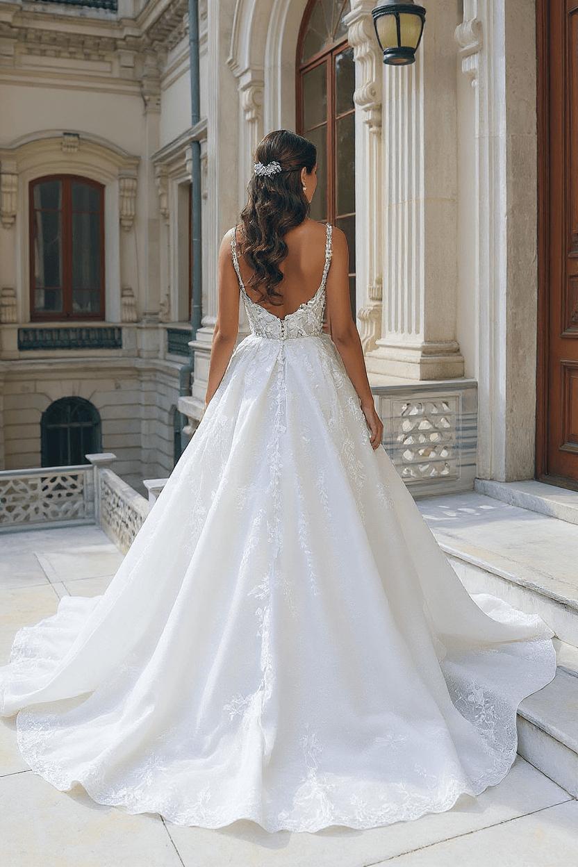 Ivory A Line Wedding Dress Scoop Neck Corset Tulle Bridal Gown with Slit