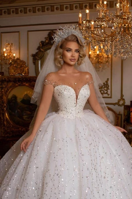 Ivory Ball Gown Wedding Dress Off the Shoulder Glitter Beaded Bridal Dress