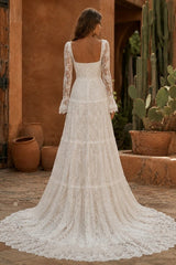 Ivory Boho Lace A Line Wedding Dress with Square Neck and Bell Sleeves