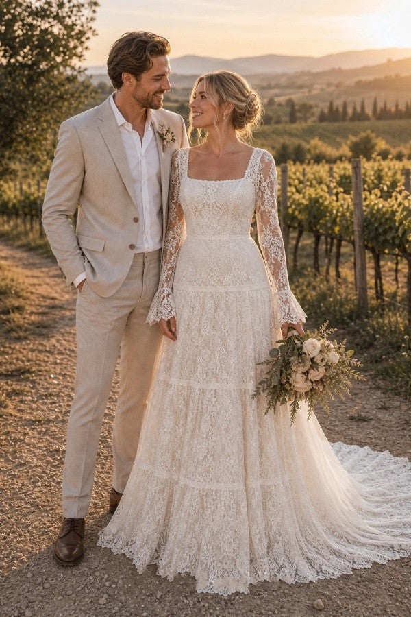 Ivory Boho Lace A Line Wedding Dress with Square Neck and Bell Sleeves