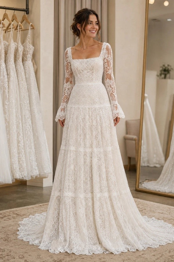 Ivory Boho Lace A Line Wedding Dress with Square Neck and Bell Sleeves