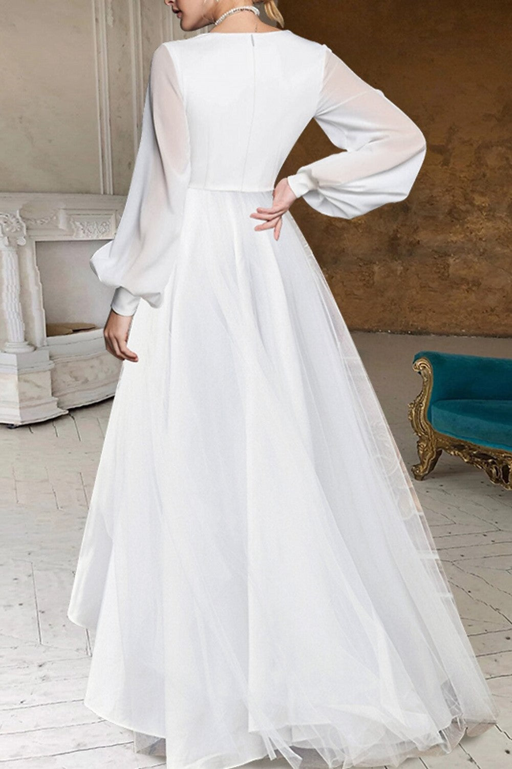 Dressystars Women Ivory High Low Wedding Dress Long Sleeves V Neck Bridal Dress Dressystars Women Ivory High Low Wedding Dress Long Sleeves V Neck Bridal Dress