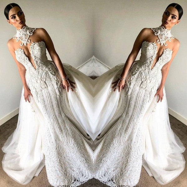 Ivory High Neck Wedding Dress Mermaid Tulle Bridal Dress With Panel Train