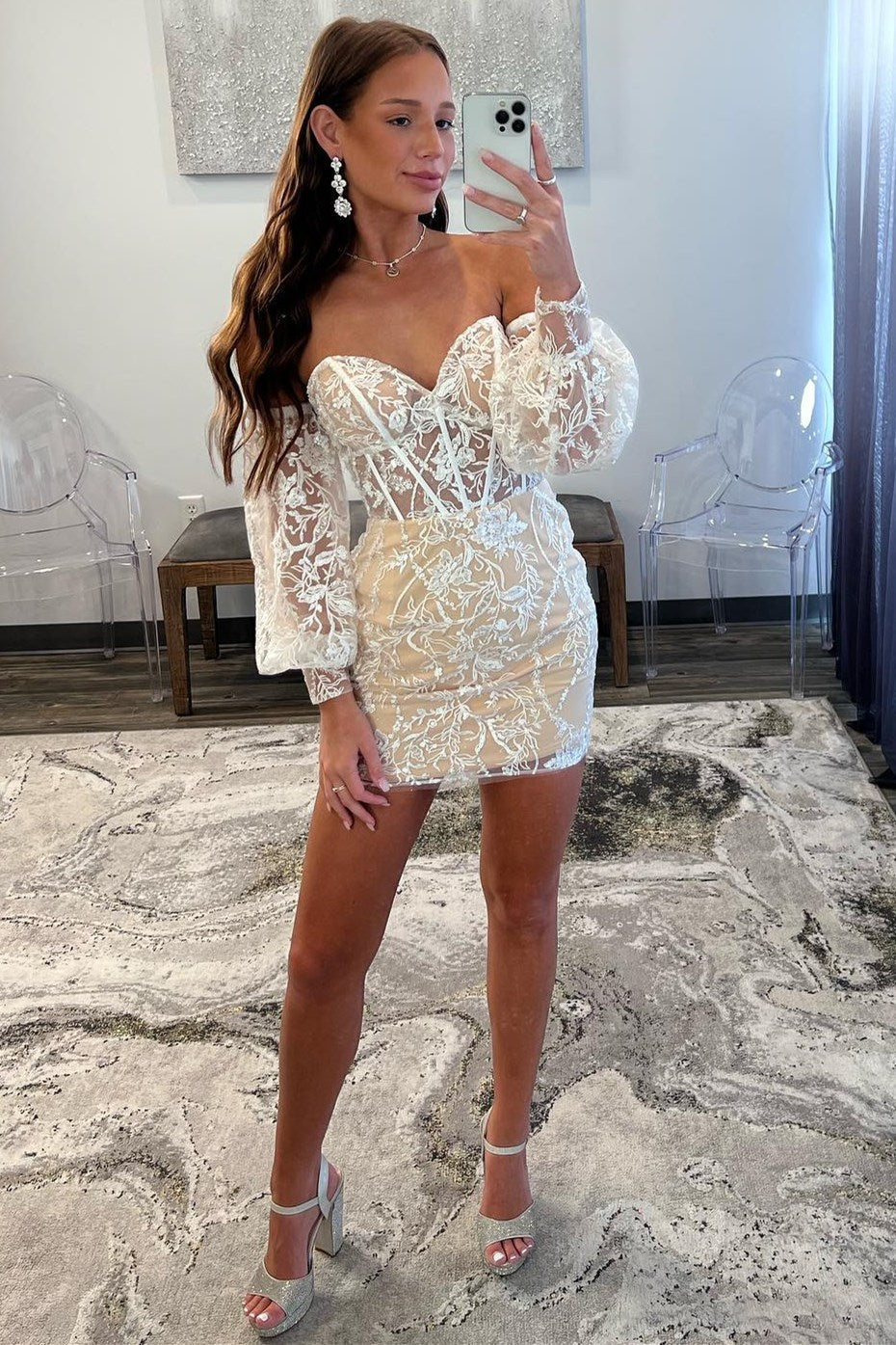 Ivory Homecoming Dress Lace Strapless with Detachable Sleeves Short Party Cocktail Dress