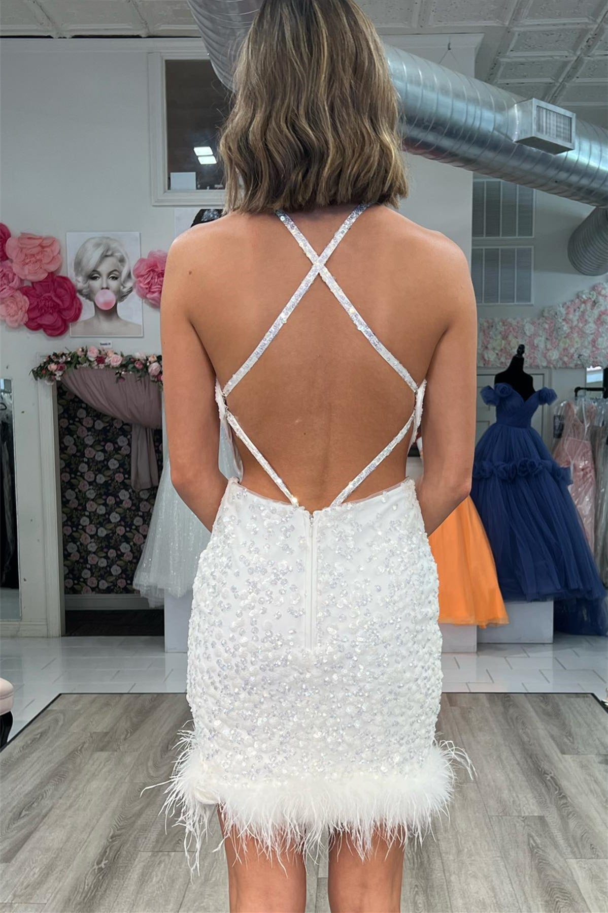 Ivory Homecoming Dress Sequin Bodycon Halter Straps with Chic Feather Short Party Cocktail Dress